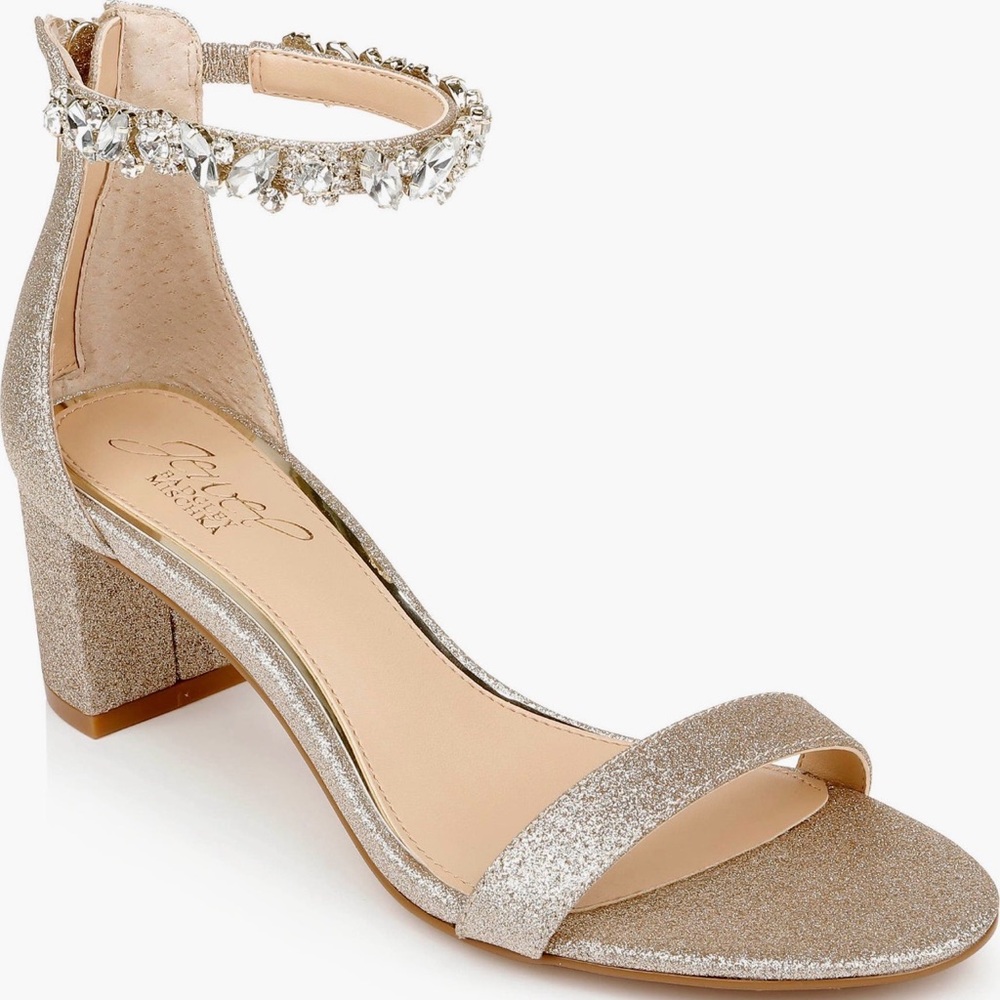 Badgley Mischka Gold Glitter Ankle-Strap Block Heel Sandals